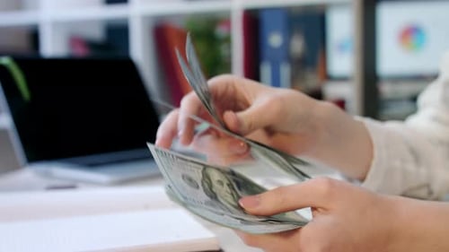 Woman Hand Counting Dollar Bills In Office. Close Up Of Female Hands Counting Money Dollars At Of...