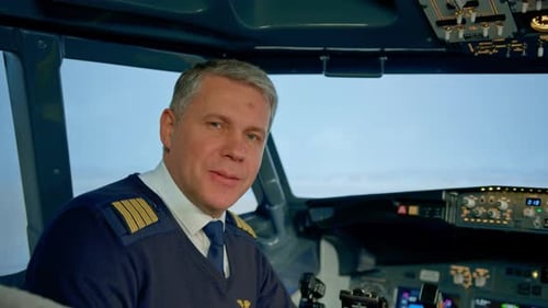 Portrait of smiling airplane captain in uniform preparing for flight in aero simulator cockpit