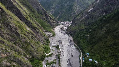 The aerial view of the Rasuwagadhi flood in Nepal