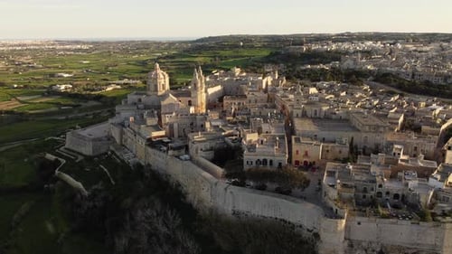 Drone Footage of Mdina in sunset, Castle, Malta