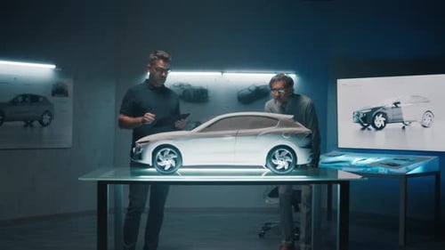 Experienced Engineers Make Design Correction Infront of Sculpture Prototype Car