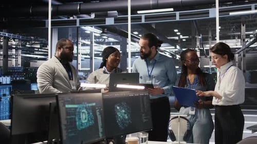 Diverse Team Collaborating on Data Analysis in Futuristic Workplace