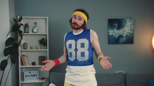 Young Adult Shrugging in 80s Style Fitness Gear