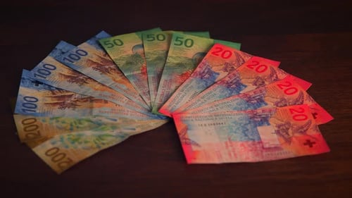 Detailed Closeup of Colorful Swiss Franc Bills Appearing One After Another Switzerland and