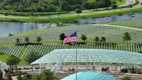 Patriotic Cemetery Aerial View with American Flag