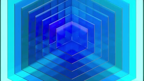 Transparent Hexagonal Glass Structures Rotating Smoothly Unveiling Luminous Blue Geometric Core