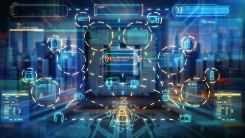 Futuristic Digital Head-Up Display Interface with Neon Glowing Elements