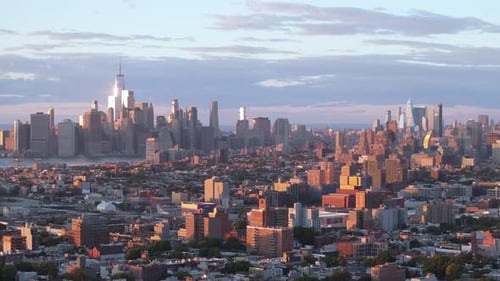 Aerial view of New York City at sunset. Shot during autumn at dusk.