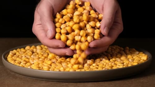 Hands Pours Chickpeas Onto Plate Full of Chickpeas