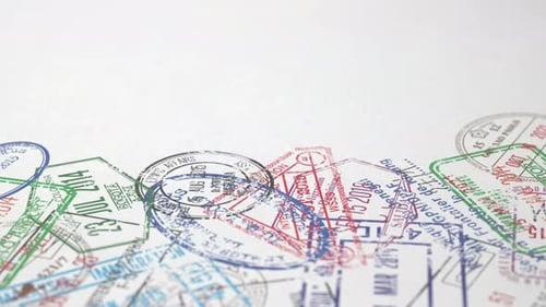 Sellos de pasaportes y visas de varios países, viajes, turismo, animación 3D