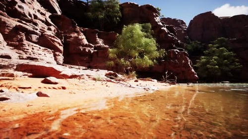 Landscape with Red Sandstone Rock and River