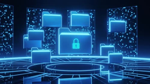 Leuchtende blaue 3D-Ordner, die um einen gesperrten Ordner auf digitalem dunklem Hintergrund schweben