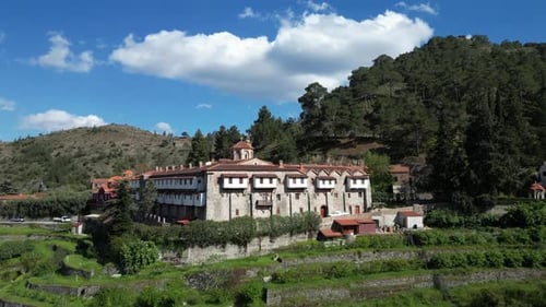 Aerial video above Maxairas Monastery, Nicosia, Cyprus
