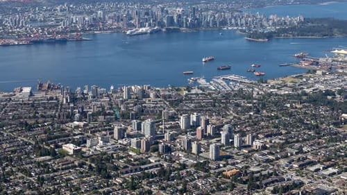 Aerial View of North Vancouver, BC, Canada: City, Harbor, and Skyline
