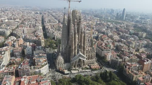 Aerial view of Sagrada Familia Cathedral at Catalunya