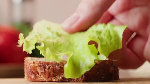 Small sandwich ingredients being added in close up