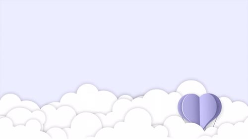 Animierter Hintergrund mit Herz in Form eines Heißluftballons. Himmel mit Wolken im Scherenschnittstil. romantisch