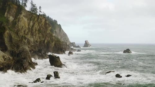 Pacific Ocean waves breaking against rocks, cliffs on Oregon Coast, through fog.