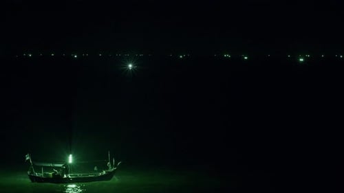 A small fishing boat illuminated by green lights at night on the dark waters of Malaysia