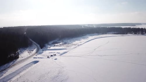 Sunny Winter Landscape Of A Country Village And A Frozen River 02