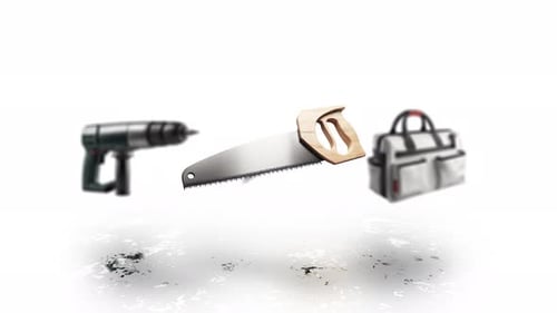 Animated rotation of saw, tool bag, drill and knife. Sales show of hardware tools