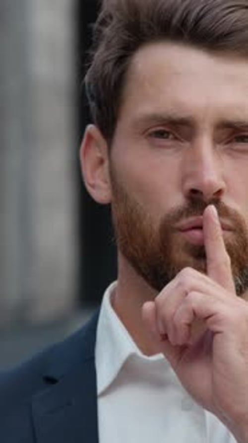 Portrait Caucasian Business Man Showing Silence Gesture Hush Sign Mature Businessman in City Male