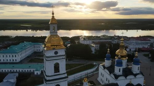 Aerial the Bell Tower of the Tobolsk Kremlin on the High Bank of the River