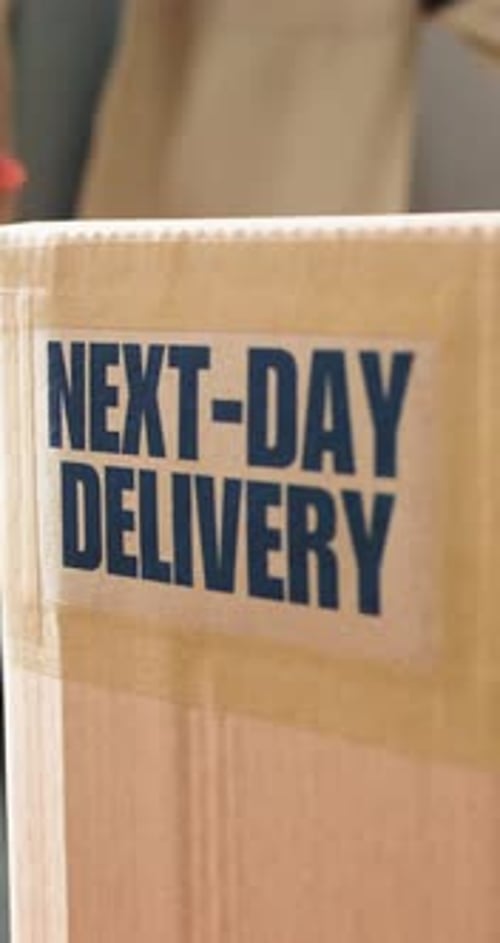 Logistics, shipping or hands with box in office, package export or rush order for next day delivery