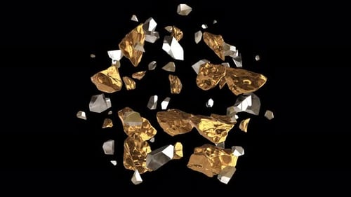 Goldene Steine, Kristalle, rotierende Kristalle auf transparentem Hintergrund