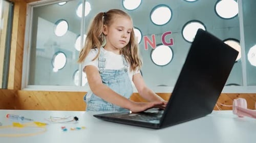 Caucasian girl using laptop programing software while crossing arms. Erudition.