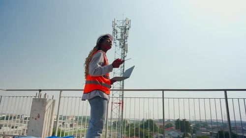 Young engineer in a vest inspection construction site and speak on talkie walkie and looking laptop.