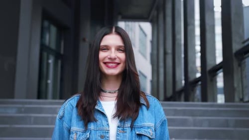 Portrait Young Attractive Smile Woman Look at Camera at City Center Feel Happy Fashion Girl Summer