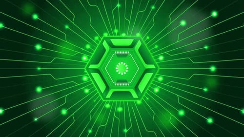 Futuristic Green Hexagon Circuit Board Data Flow Background