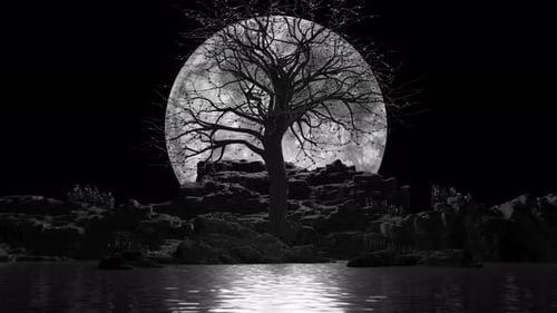 Eerie Moonlit Barren Tree Over Reflective Water