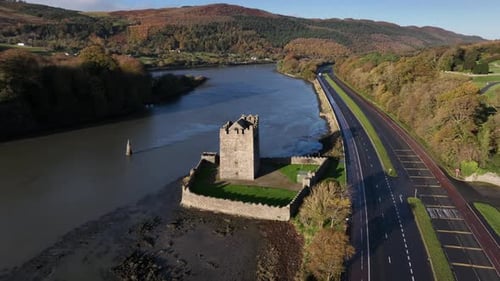 Narrow Water Castle, County Down, Northern Ireland, November 2022. Drone orbits Tower House counter