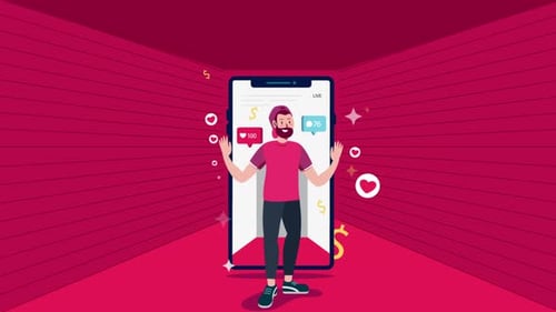 Animated Man with Social Media Live Stream Phone Interface