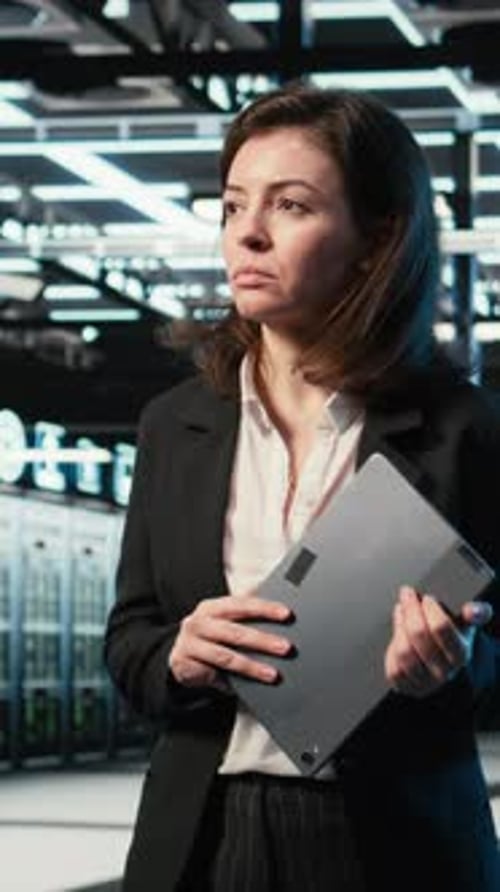 Vertical Video Data Center Female Programmer Creating Digital Twin Scan to Optimize Servers