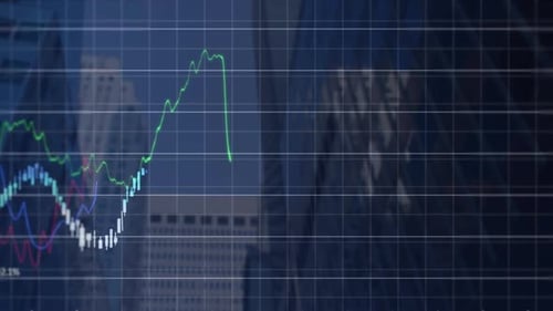 Financial data processing over grid network against tall buildings in background