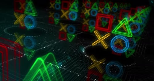 Joystick gaming and console video play symbols loop cyber concept