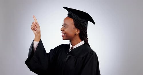 Education, university and woman face with hand pointing in studio for sign up