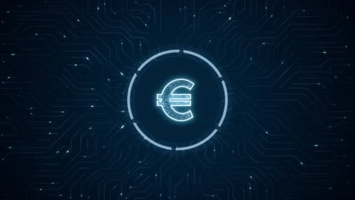 Blue digital money logo and futuristic technotogy HUD with circuit board on abstract background
