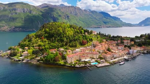 Aerial drone view of the village Bellagio near Lake Como, Italy
