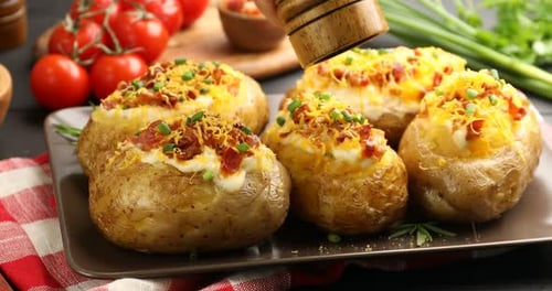 Gourmet Loaded Baked Potatoes Being Seasoned with Pepper