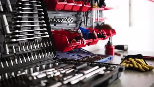 Tools on workbench in auto repair shop