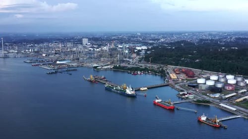 Aerial view of Docked Oil Tankers and Pertamina Oil refinery at Balikpapan Port - East Kalimantan, I