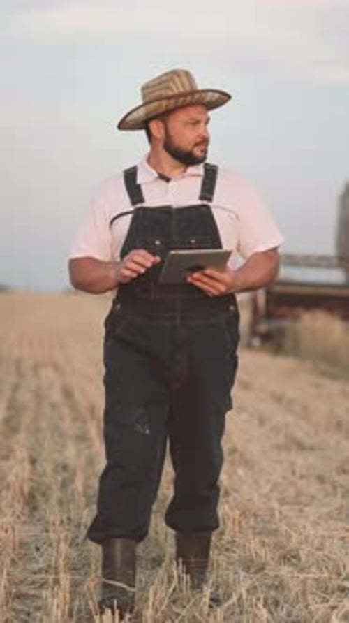 Farmer Uses Tablet in Harvested Grain Field