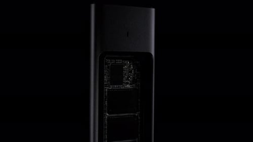 Open SSD Case with Inside HighSpeed M2 on Black Background External USB Drive