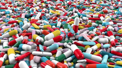 Pila de cápsulas y píldoras farmacéuticas de diferentes colores