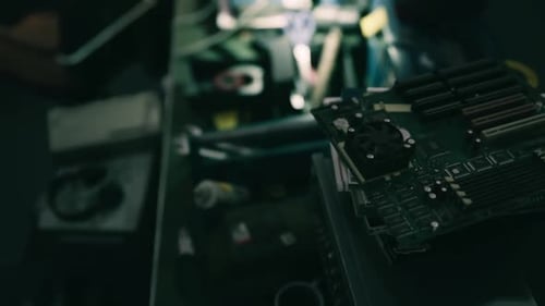 Detailed View of Circuit Board and Electronics in a Workshop Setting at Night