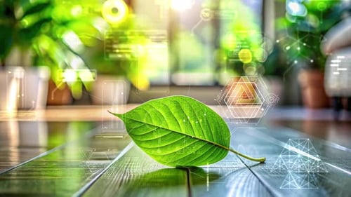 Grünes Blatt als Symbol für Natur- und Technologieintegration auf einer Holzoberfläche